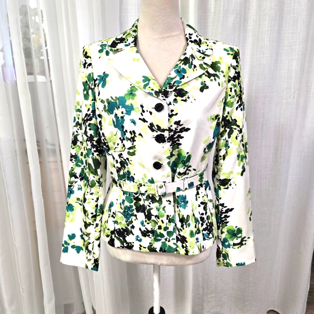 Suit Studio Belted Green Floral Womens Blazer‎ Size 6 Garden Party Grannychic